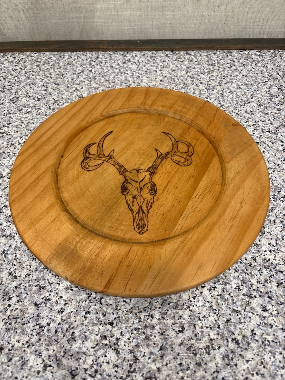 Wooden Plate With Stag Head With Antlers 12”